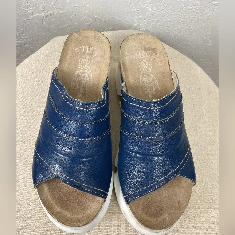 Fly London Suze Women’s Blue Leather Slip On Slide Platform Sandal Sz 41, US 10 - Picture 11 of 15